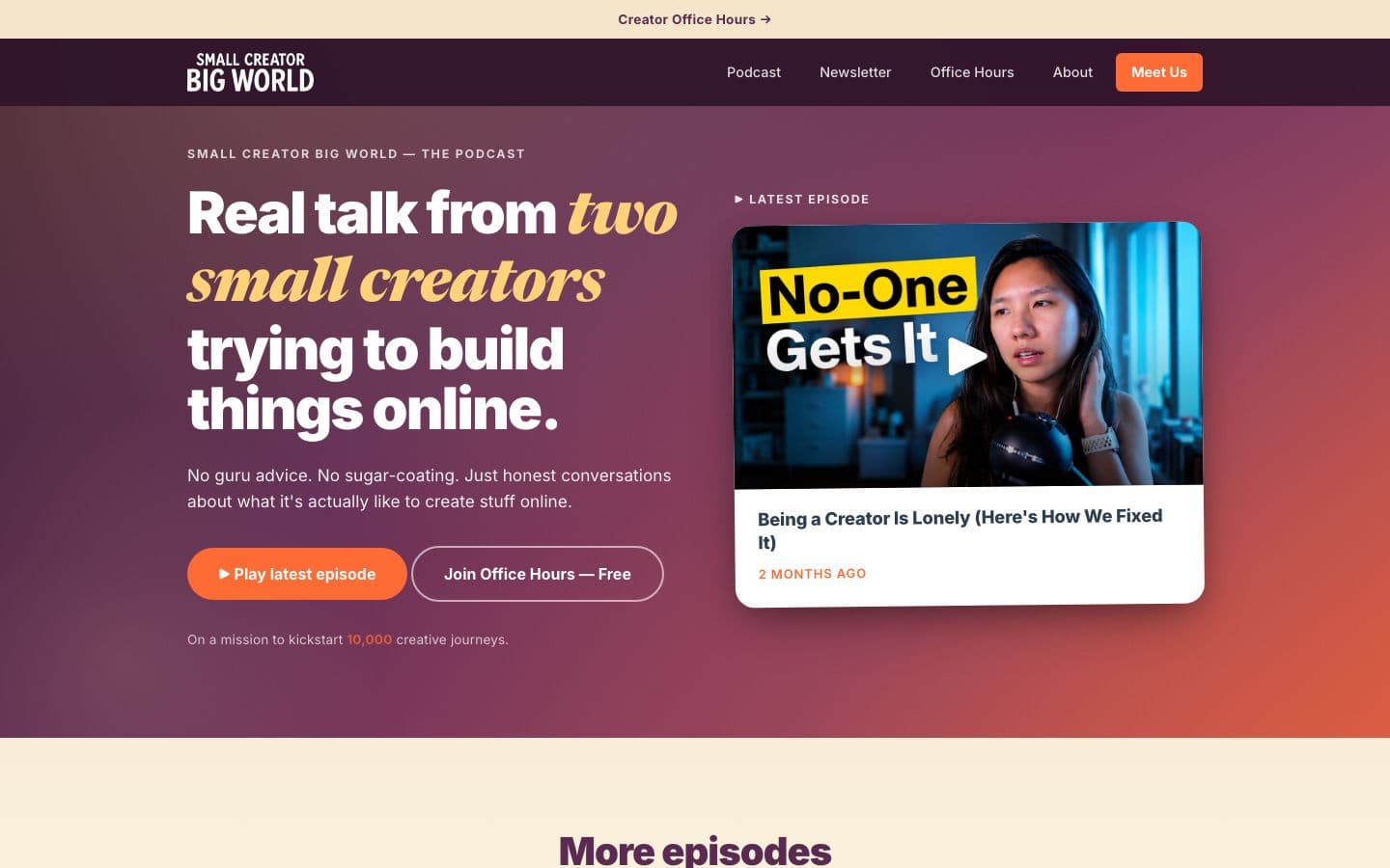 Small Creator Big World homepage on desktop