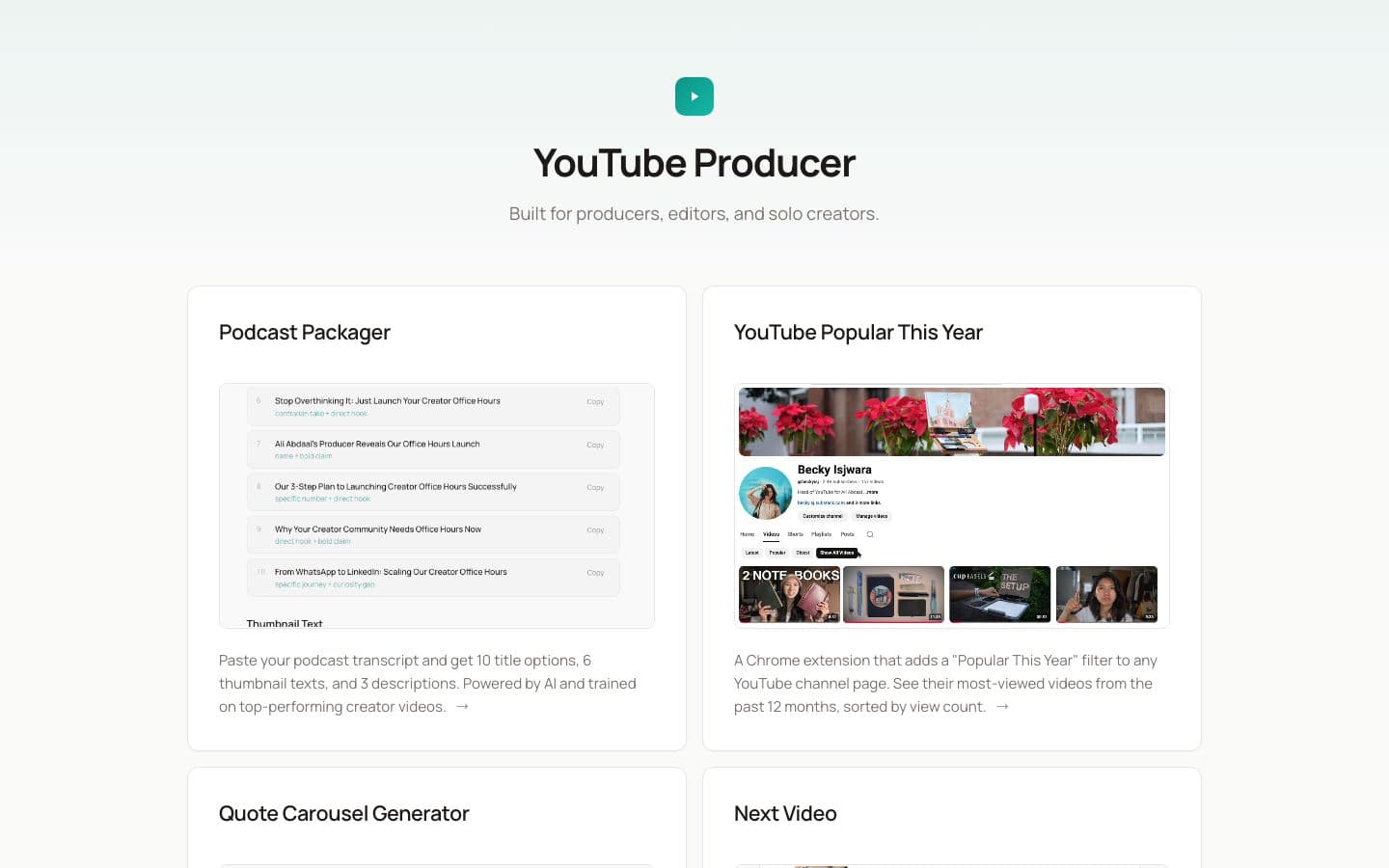 YouTube Producer homepage on desktop