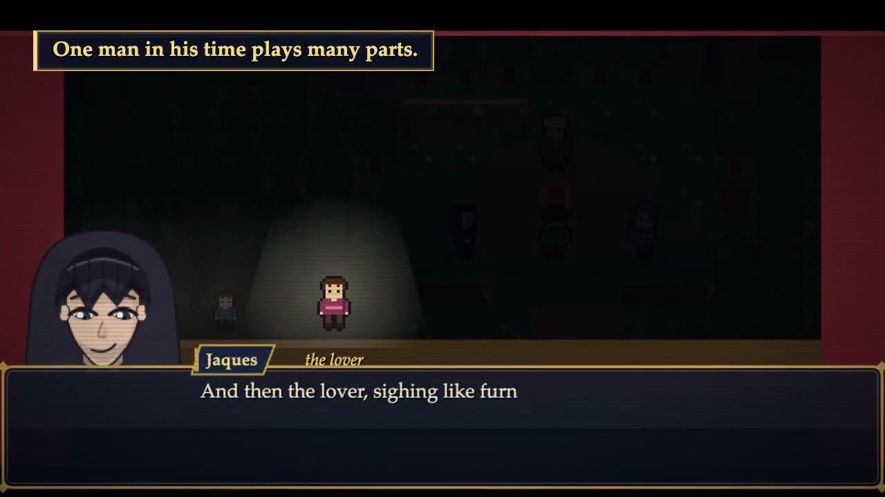 Jaques delivers the Seven Ages of Man on a darkened stage
